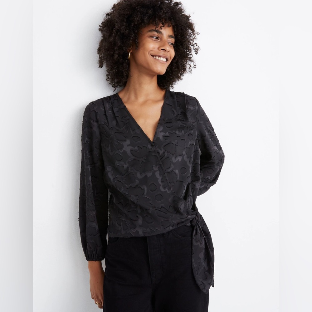 Floral Jacquard Side-Tie Black Wrap Top Madewell Women’s Medium Business Casual